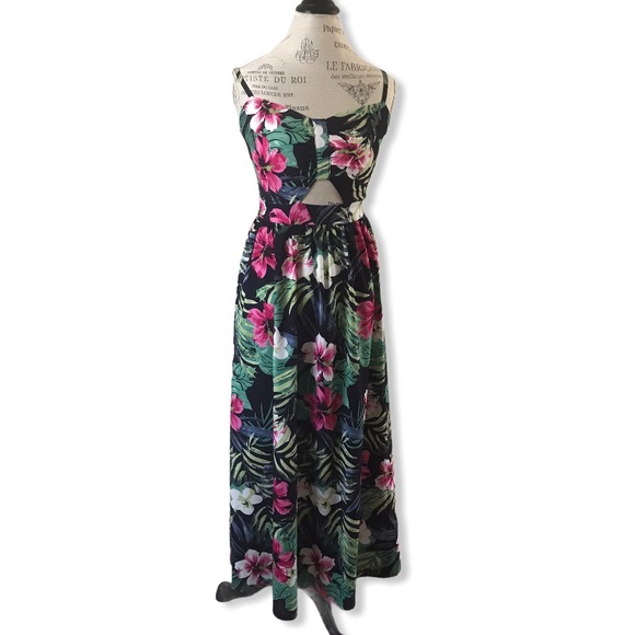 KLING Tropical Print Maxi Dress with Cut Out Detail in Navy Pink and Green - Picture 1 of 11